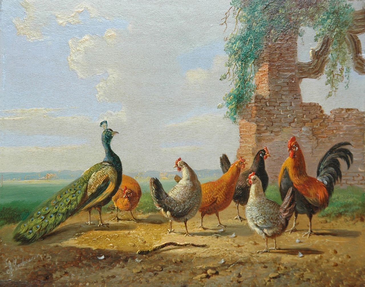 Verhoesen A.  | Albertus Verhoesen, A peacock, cock and his fowls in a summer landscape, oil on panel 13.6 x 16.9 cm, signed l.l.