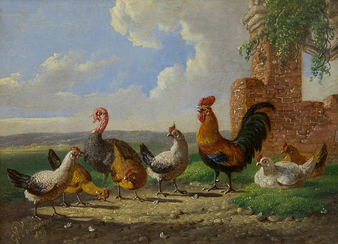 Verhoesen A.  | Albertus Verhoesen, A turkey, a cock and some chicken in a landscape, oil on panel 13.0 x 17.6 cm, signed l.l. and dated 1874