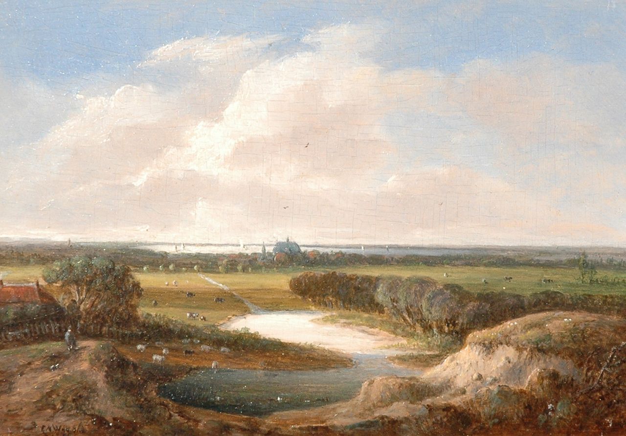 Weerts C.A.  | Coenraad Alexander Weerts, Horse and carriage on a sandy road near a village, oil on panel 14.0 x 20.2 cm, signed l.l.
