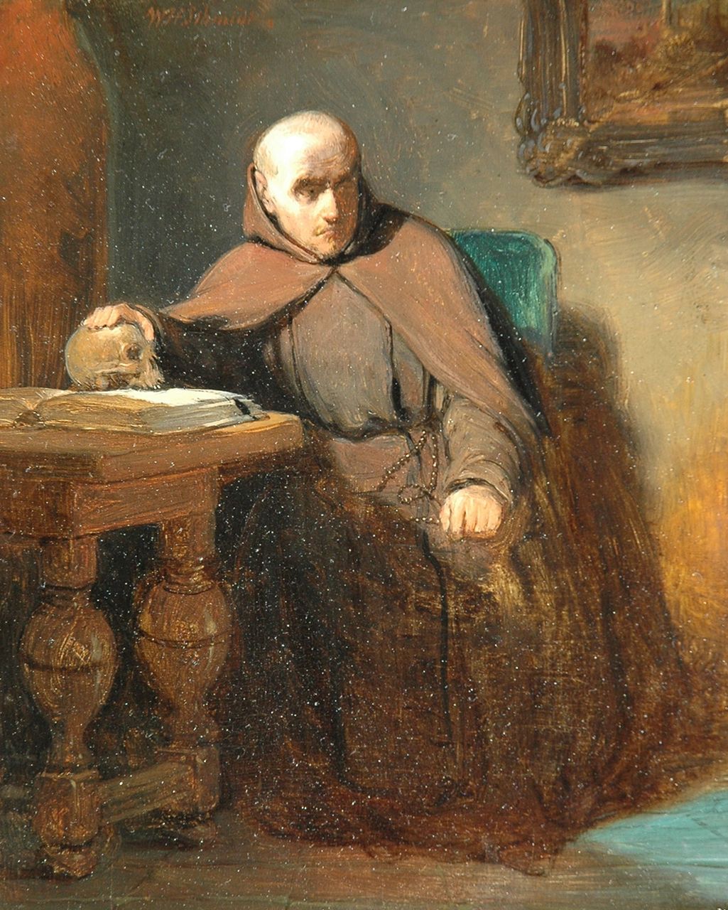Willem Hendrik Schmidt | Memento mori: a monk in his cell, oil on panel, 19.8 x 15.7 cm, signed u.l.
