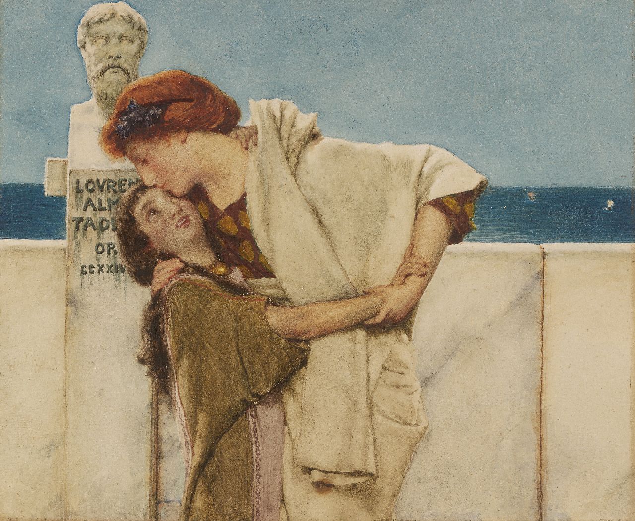 Alma Tadema L.  | Lourens Alma Tadema, The kiss welcome, pen and ink and watercolour on paper 10.7 x 13.1 cm, signed c.l. on the statue and painted 1881
