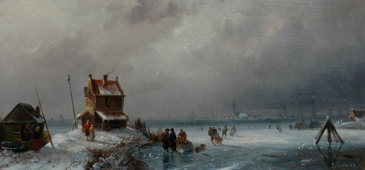 Leickert C.H.J.  | 'Charles' Henri Joseph Leickert, Skaters on a cloudy winter's day, oil on panel 14.4 x 30.4 cm, signed l.r.