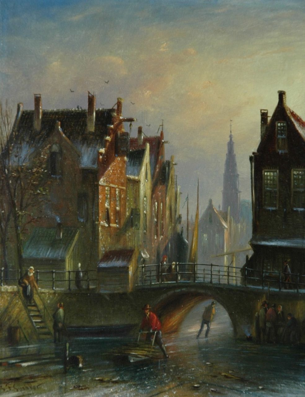 Spohler J.F.  | Johannes Franciscus Spohler, Figures on a Dutch canal in winter, oil on panel 20.5 x 16.0 cm, signed l.l.