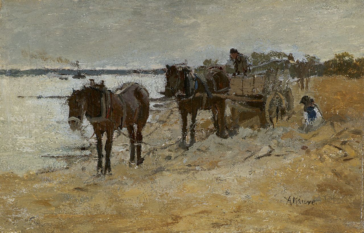 Mauve A.  | Anthonij 'Anton' Mauve, Sand diggers, oil on panel 13.4 x 20.8 cm, signed l.r.