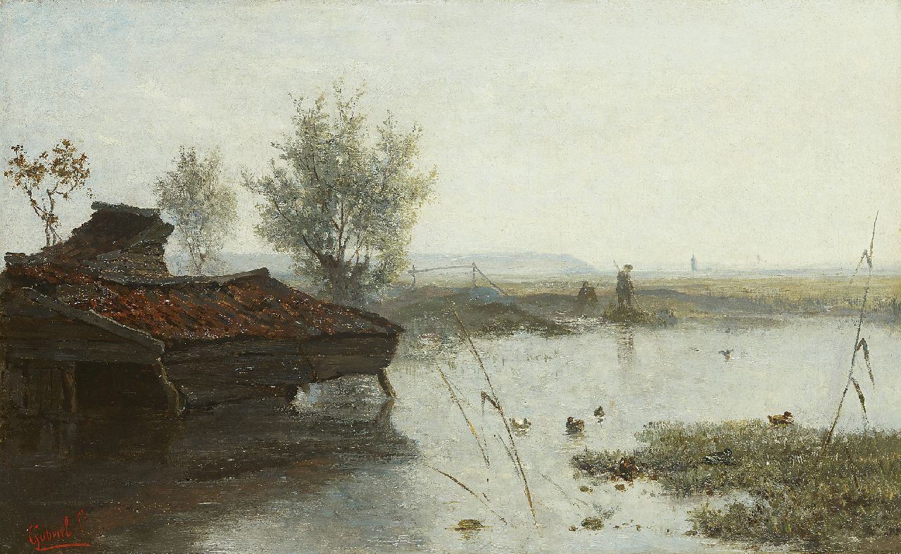 Gabriel P.J.C.  | Paul Joseph Constantin 'Constan(t)' Gabriel, Fishermen at a duck pond, oil on canvas 28.9 x 46.4 cm, signed l.l.