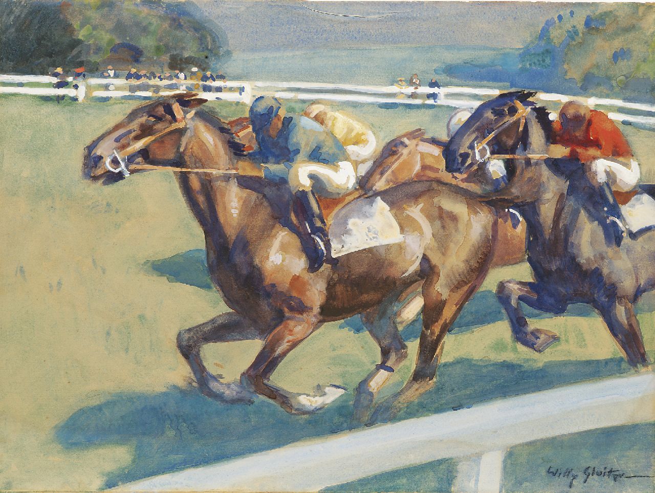 Sluiter J.W.  | Jan Willem 'Willy' Sluiter, The horserace, watercolour and gouache on paper 48.4 x 64.7 cm, signed l.r.