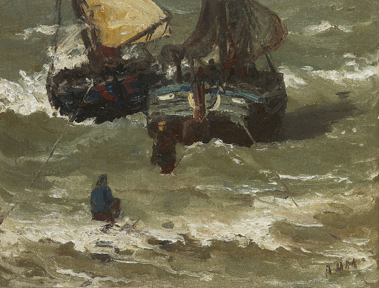 Mesdag H.W.  | Hendrik Willem Mesdag, Two bomschuiten in the surf, oil on canvas laid down on panel 29.2 x 38.5 cm, signed l.r. with initials