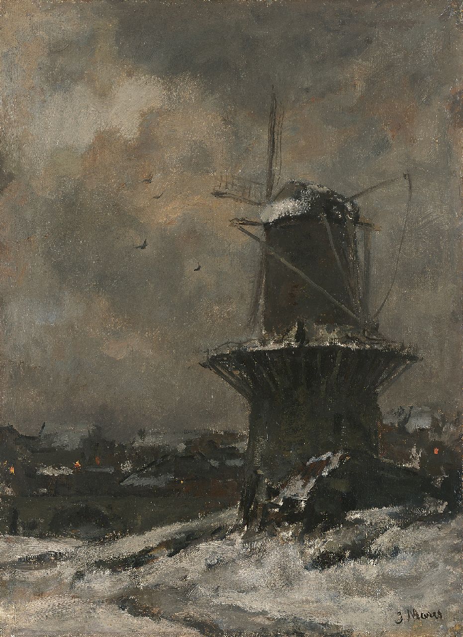 Maris J.H.  | Jacobus Hendricus 'Jacob' Maris, A windmill in the snow, oil on canvas 47.4 x 35.2 cm, signed l.r.