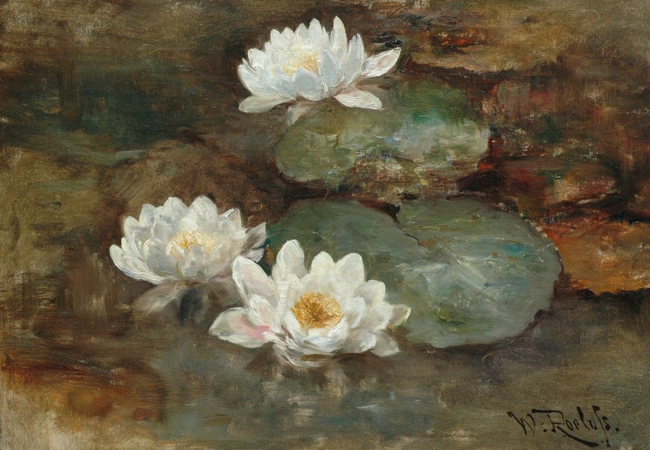 Roelofs W.  | Willem Roelofs, Waterlilies, oil on canvas 41.1 x 58.3 cm, signed l.r.