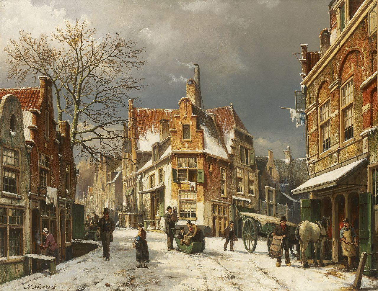 Koekkoek W.  | Willem Koekkoek, A busy day in winter in Enkhuizen, oil on canvas 54.3 x 69.6 cm, signed l.l. and dated 13 januari 1892 on label on stretcher