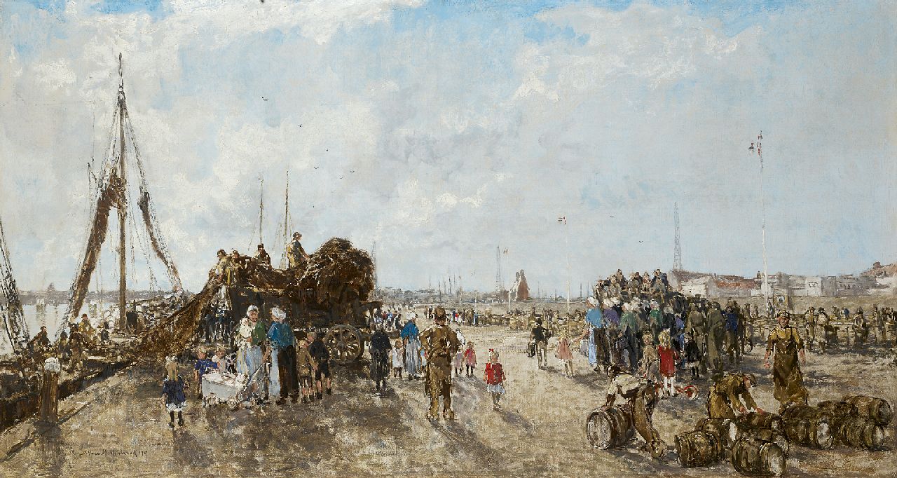 Mastenbroek J.H. van | Johan Hendrik van Mastenbroek, A busy dag at Scheveningen harbour, oil on canvas 70.0 x 130.0 cm, signed l.l. and dated 1937