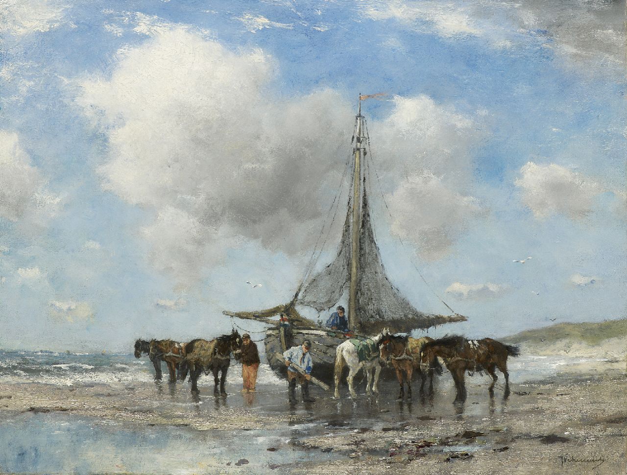 Scherrewitz J.F.C.  | Johan Frederik Cornelis Scherrewitz, Fishermanpink and draft horses on the beach, oil on canvas 50.8 x 66.1 cm, signed l.r.