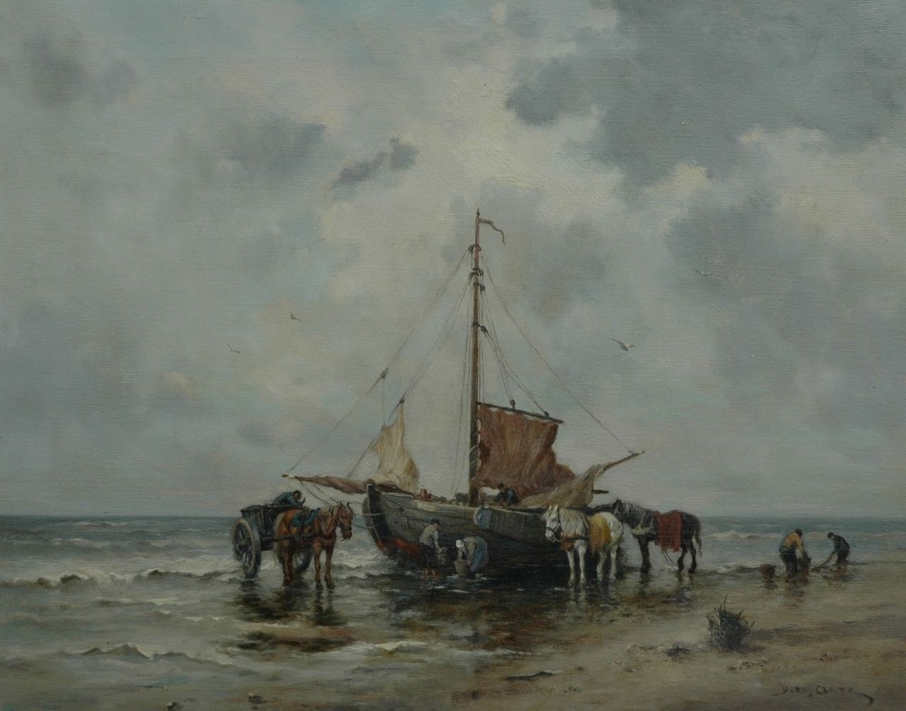 Arts T.J.  | Theodorus Johannes 'Dorus' Arts, Fischermen on the beach in Holland, oil on canvas 40.7 x 51.0 cm, signed l.r.