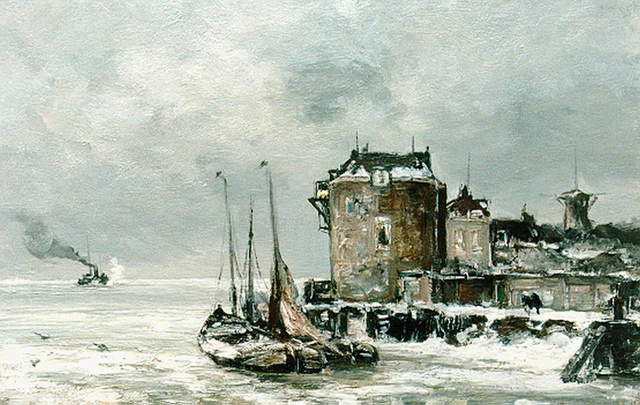 Apol L.F.H.  | Lodewijk Franciscus Hendrik 'Louis' Apol, A view of 'de Campveersche toren' in winter, oil on canvas 42.5 x 60.0 cm, signed l.r.