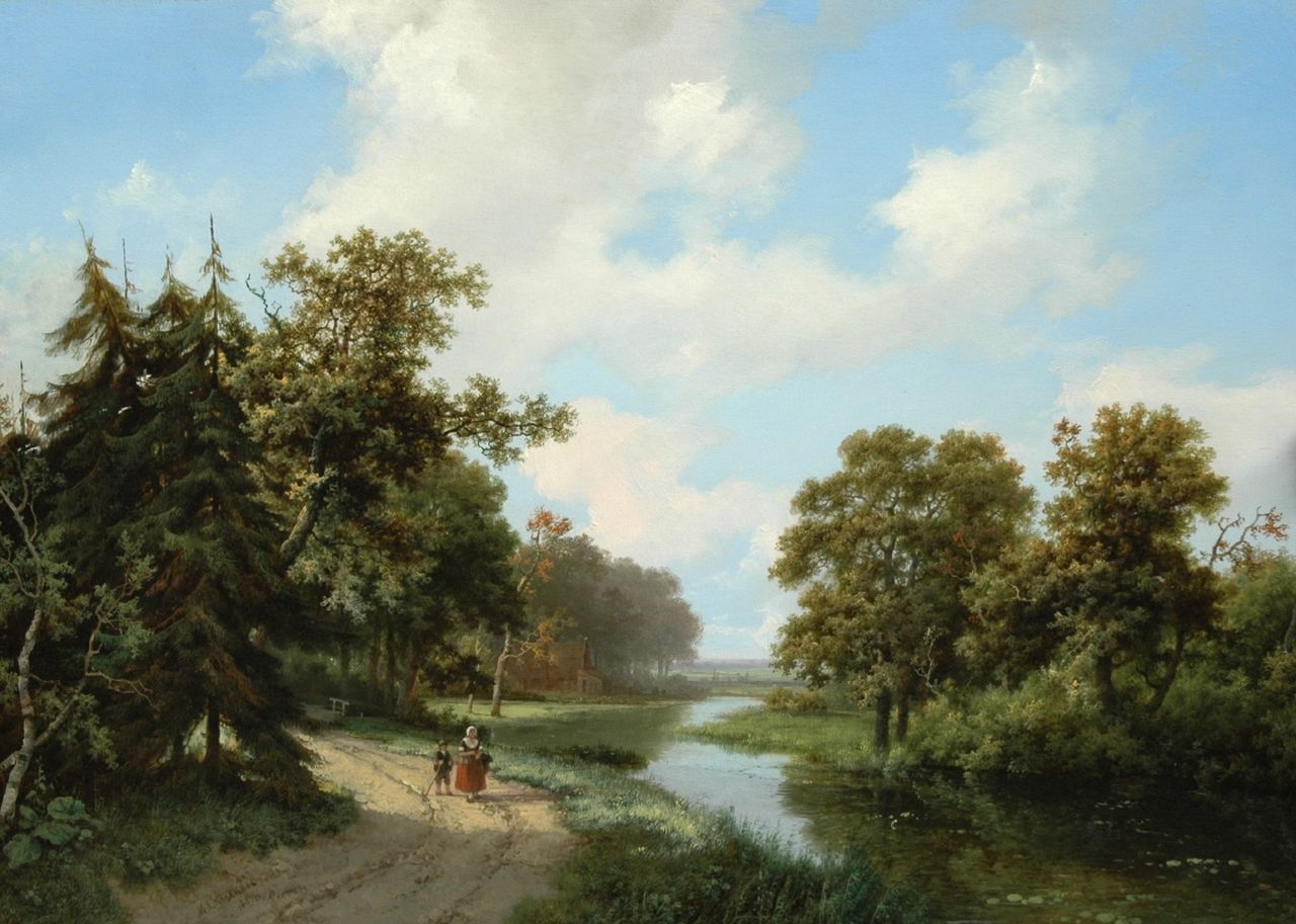 Koekkoek I M.A.  | Marinus Adrianus Koekkoek I, A farmer's wife and child on a path alongside a creed, oil on panel 45.4 x 64.2 cm, signed l.l. and dated 1854