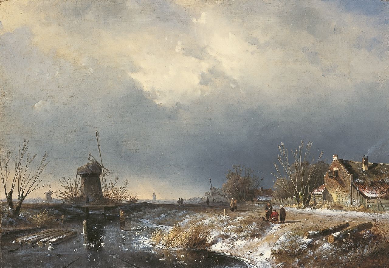 Leickert C.H.J.  | 'Charles' Henri Joseph Leickert, Ice scene with approaching storm, oil on canvas 36.7 x 53.5 cm, signed l.r. and painted ca. 1855