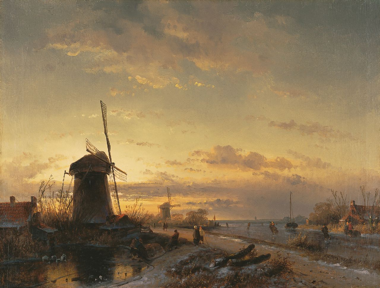 Leickert C.H.J.  | 'Charles' Henri Joseph Leickert, Landscape with skaters at sunset, oil on canvas 43.5 x 57.6 cm, signed l.l. remainders of signature