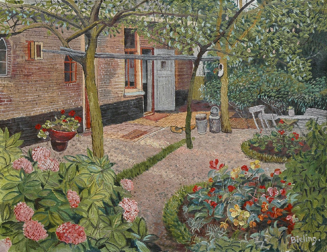 Bieling H.F.  | Hermann Friederich 'Herman' Bieling, A sunny backyard, oil on canvas 40.4 x 52.1 cm, signed l.r.