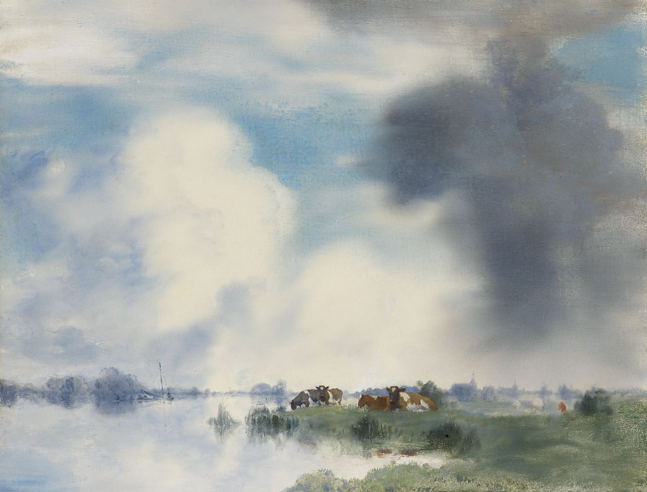 Voerman sr. J.  | Jan Voerman sr., Cows on the banks of the IJssel river near Hattem, oil on panel 39.9 x 52.2 cm, signed l.r.