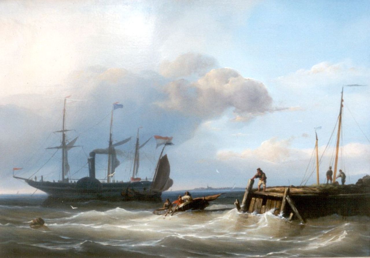 Riegen N.  | Nicolaas Riegen, Paddle steamer near a pier, oil on panel 28.8 x 41.2 cm, signed l.l.