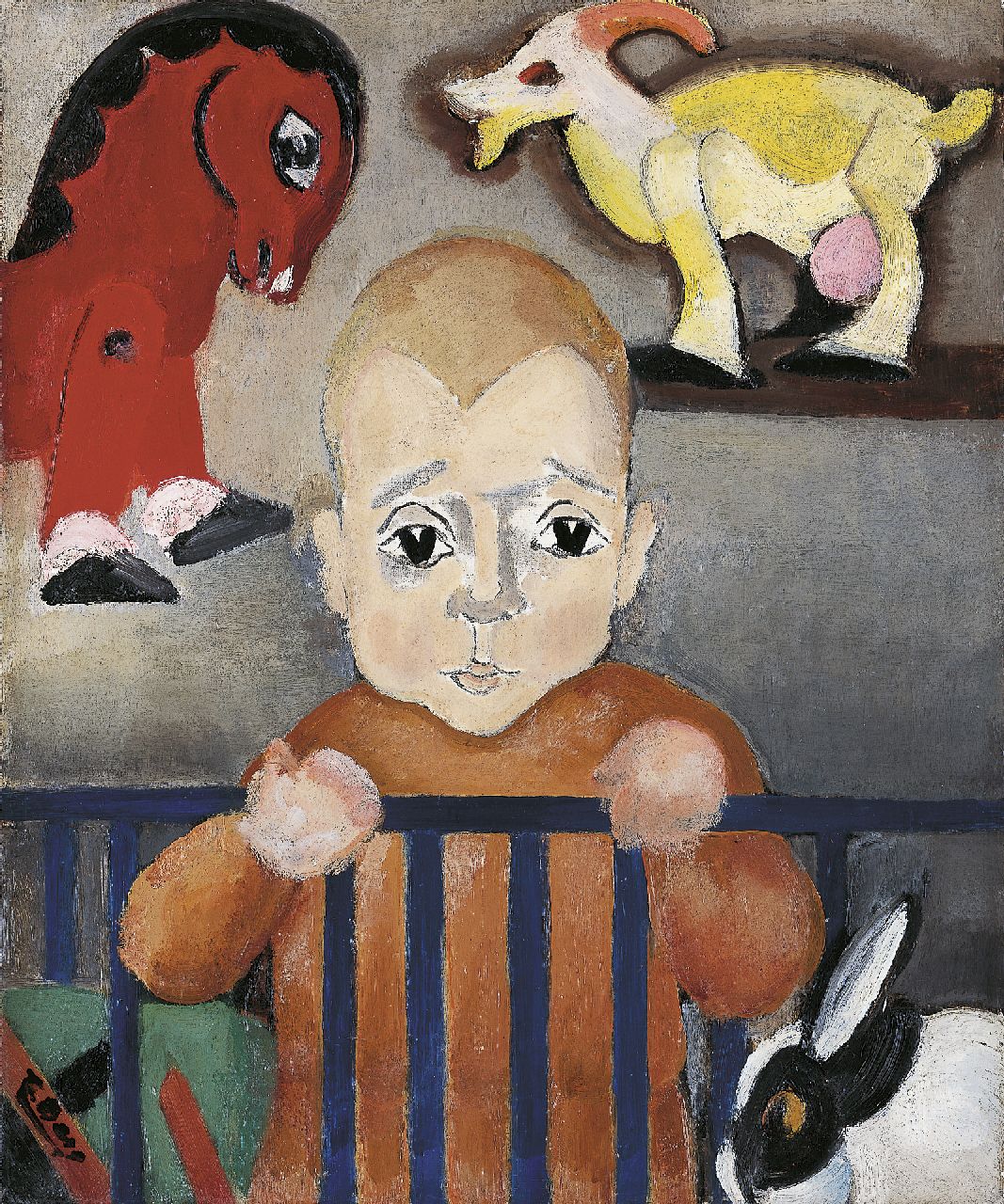 Berg E.  | Else Berg, A young boy with his toy animals, oil on canvas 46.4 x 38.5 cm, signed l.l. and painted circa 1930