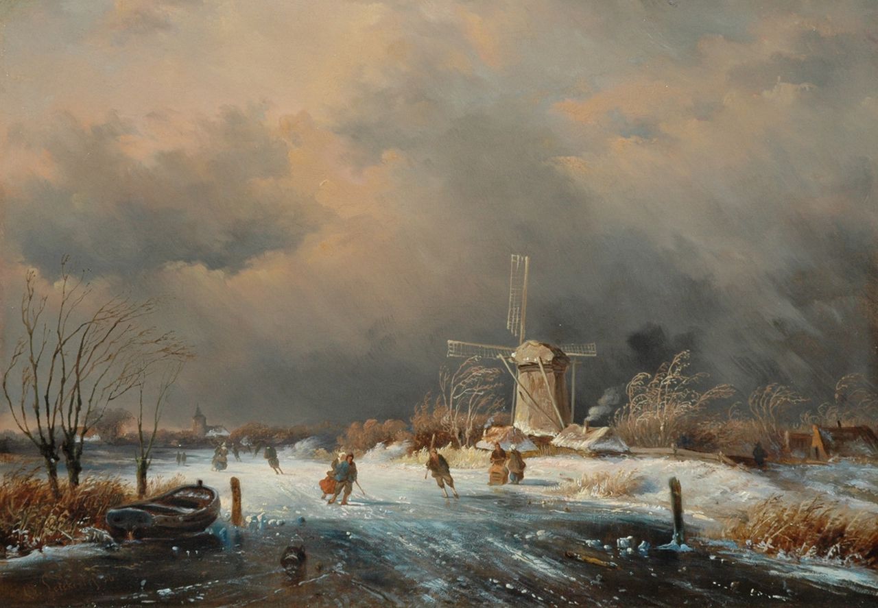 Leickert C.H.J.  | 'Charles' Henri Joseph Leickert, Skaters in upcoming snowstorm, oil on panel 24.4 x 35.0 cm, signed l.l. and dated '50