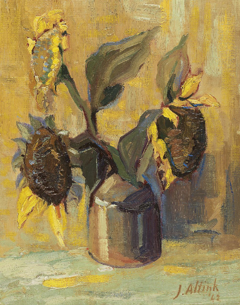 Altink J.  | Jan Altink, Sunflowers, oil on canvas laid down on board 38.2 x 30.1 cm, signed l.r. and dated ' 42