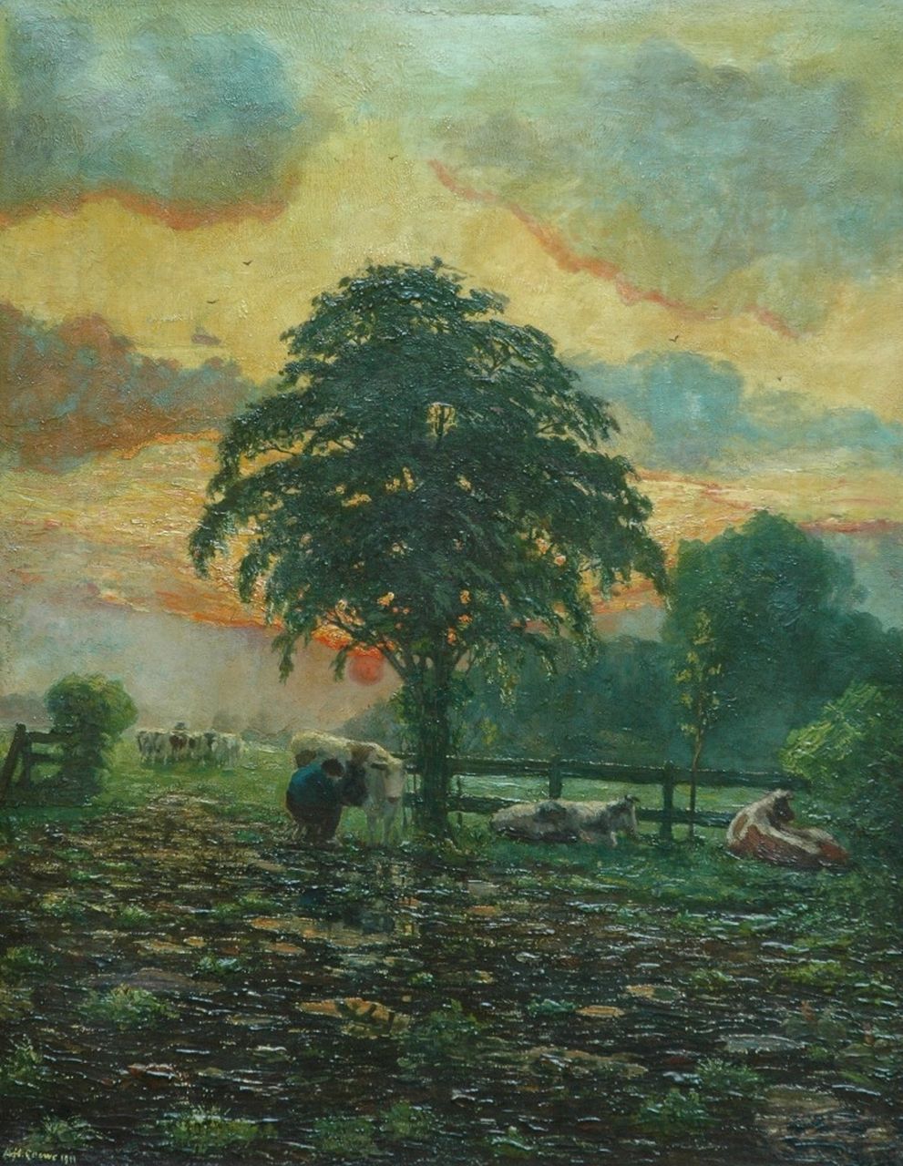 Gouwe A.H.  | Adriaan Herman Gouwe, Milking the cows at sunset, Limburg, oil on canvas 92.5 x 72.5 cm, signed l.l. and dated 1911