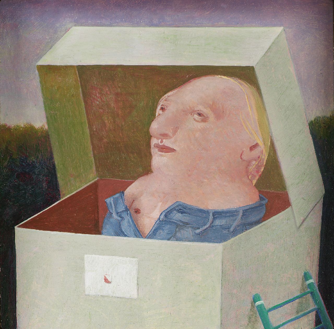 Poppel P.A.T. van | Petrus Antonius Theodorus 'Peter' van Poppel, Figure in a box, oil on paper laid down on panel 10.0 x 10.0 cm, signed on the reverse and dated 1972 on the reverse