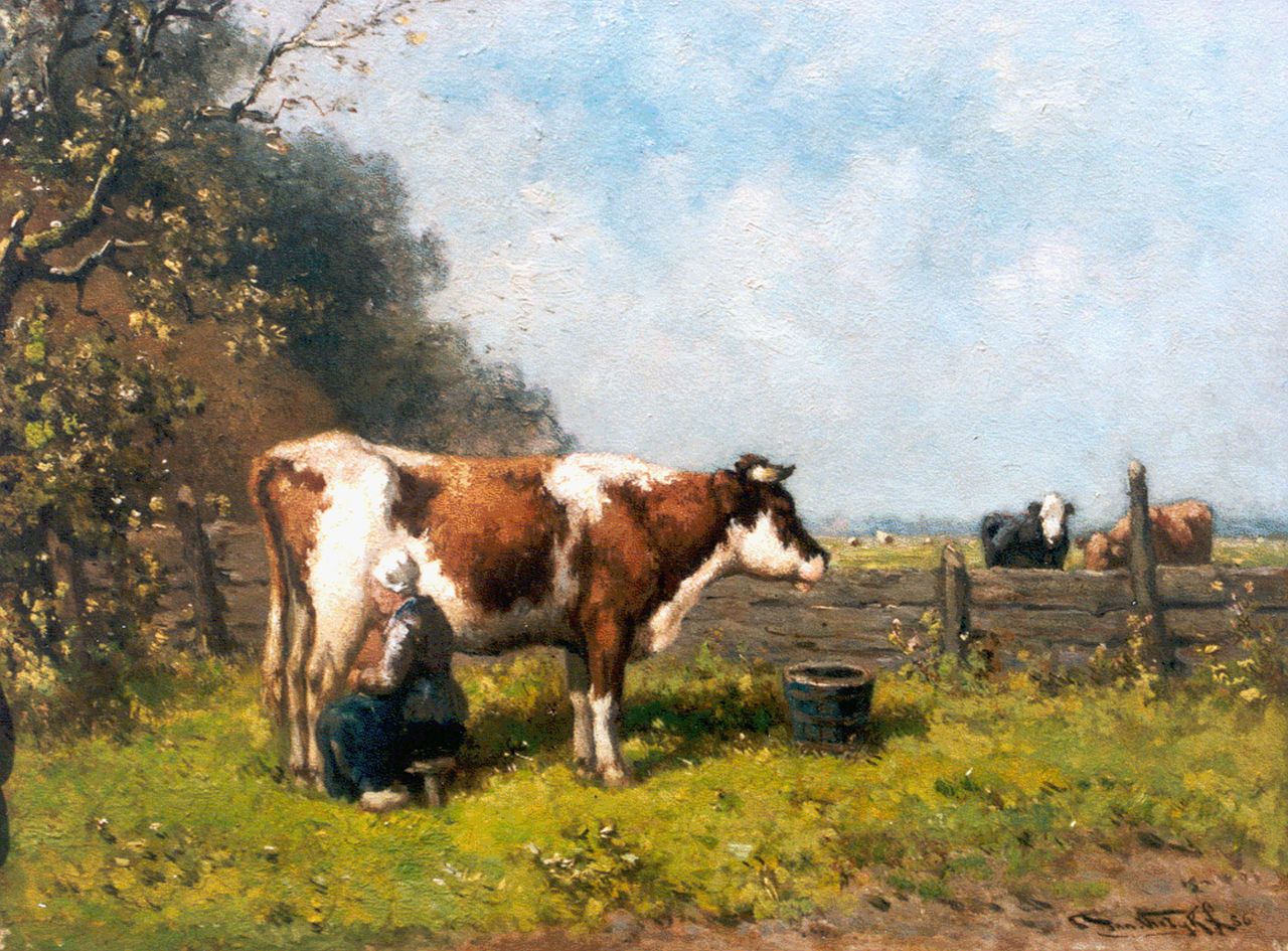 Vrolijk J.M.  | Johannes Martinus 'Jan' Vrolijk, Milking time, oil on panel 24.3 x 31.7 cm, signed l.r. and dated '56
