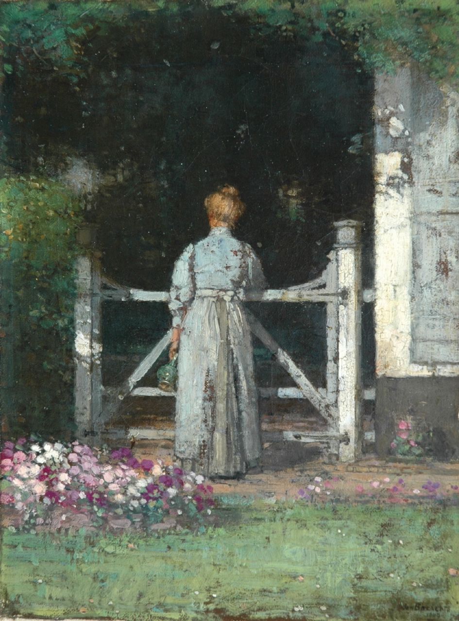 Bogaerts J.J.M.  | Johannes Jacobus Maria 'Jan' Bogaerts, Near the garden fence, oil on canvas 32.2 x 23.6 cm, signed l.r. and dated 1909