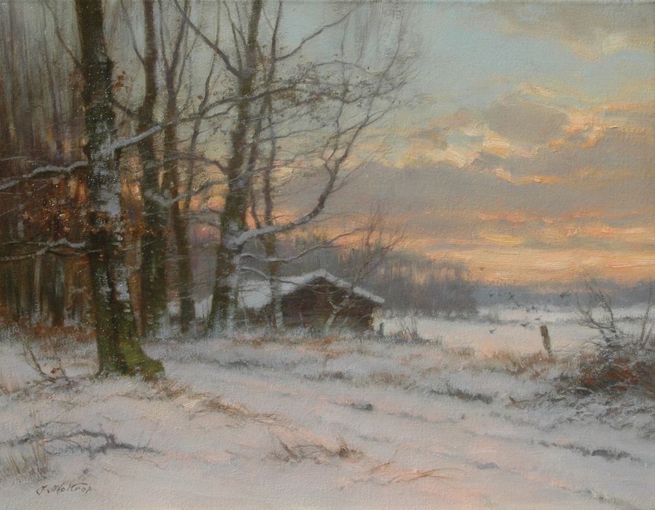 Holtrup J.  | Jan Holtrup, Landscape in winter at dusk, oil on canvas 35.0 x 45.2 cm, signed l.l.
