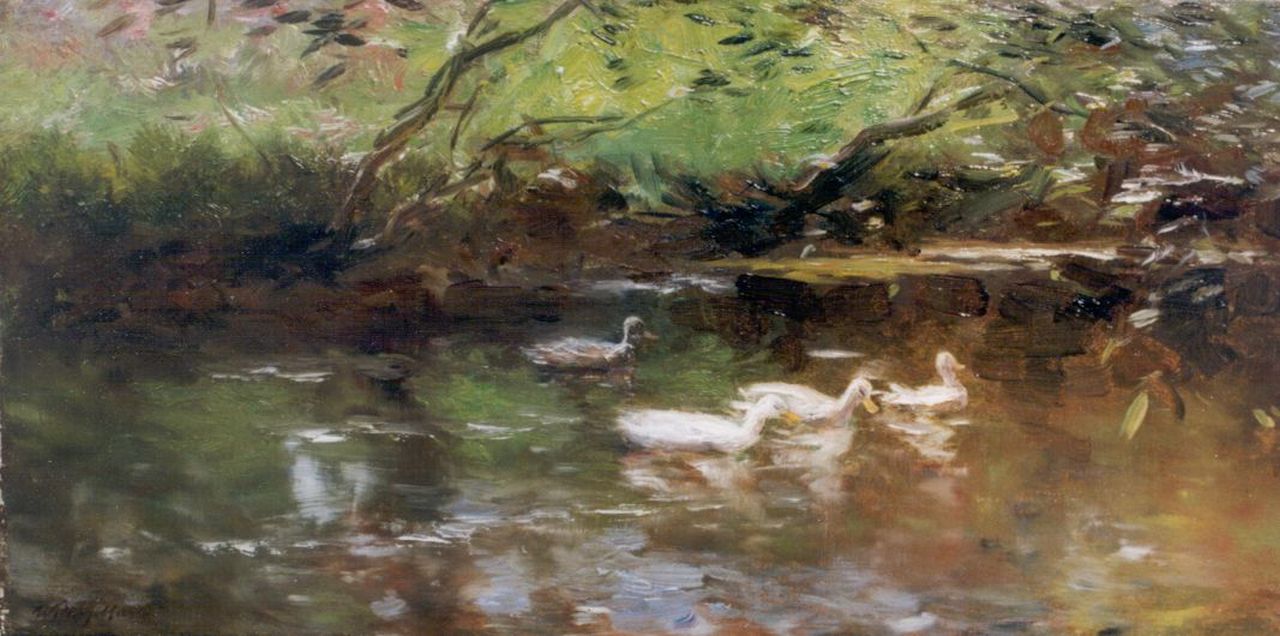 Maris W.  | Willem Maris, Ducks, oil on canvas 22.0 x 44.0 cm, signed l.l.