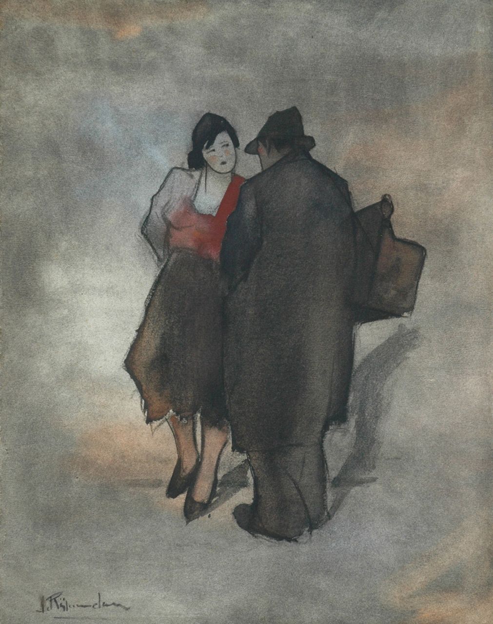 Rijlaarsdam J.  | Jan Rijlaarsdam, The conversation, black chalk and watercolour on paper 44.3 x 34.5 cm, signed l.l.