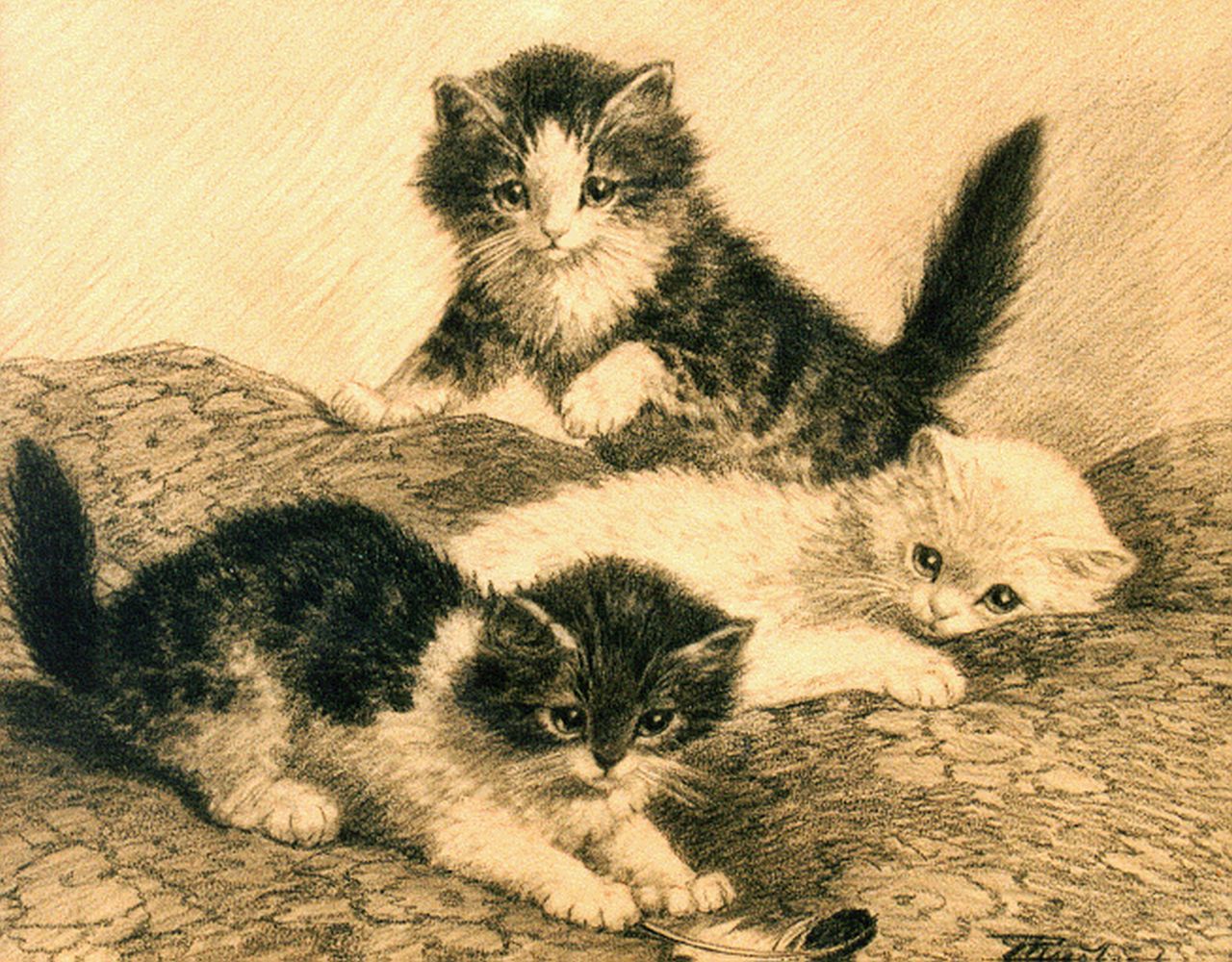 Raaphorst C.  | Cornelis Raaphorst, Three kittens playing, drawing on paper 27.5 x 34.0 cm, signed l.r.