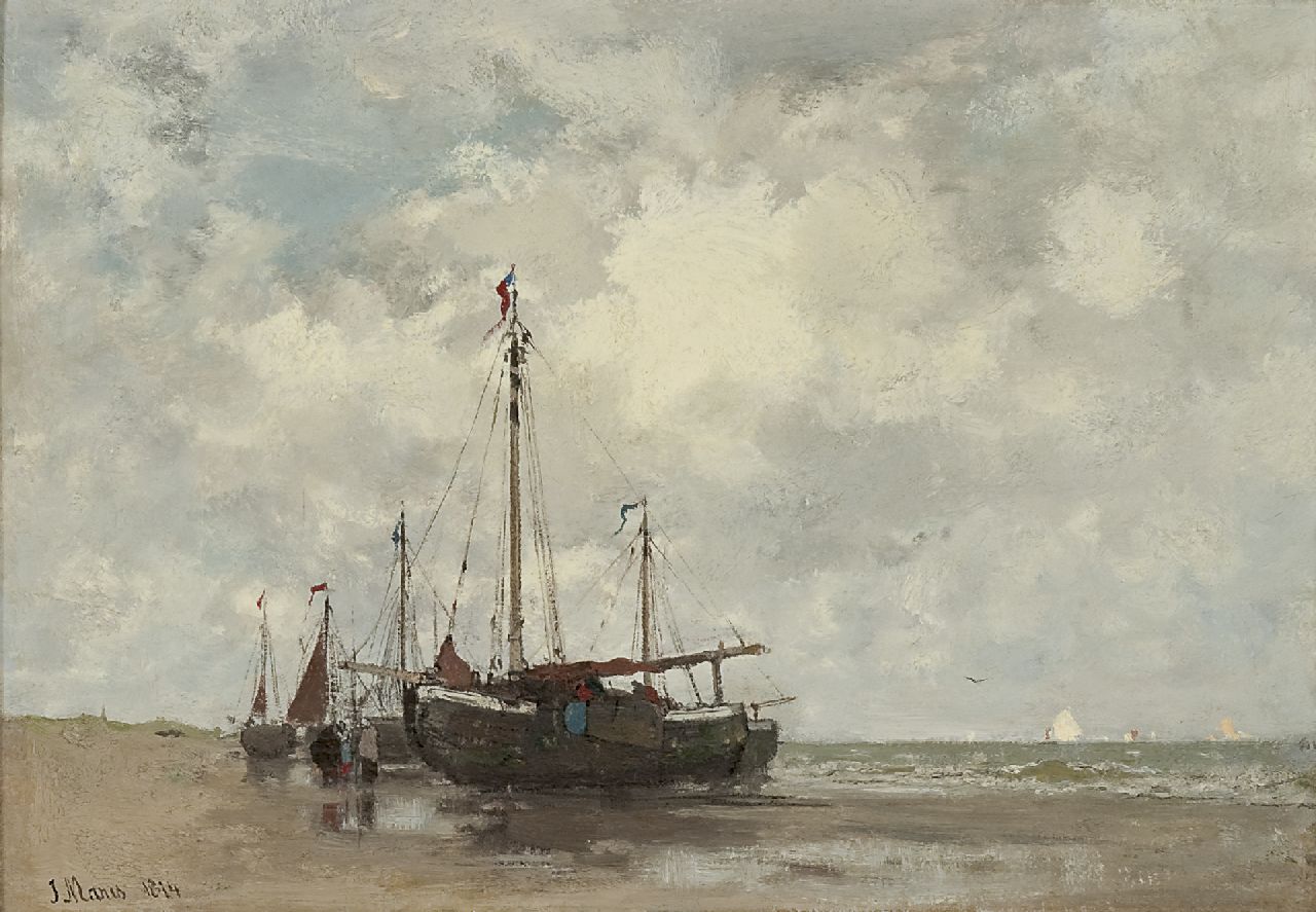 Maris J.H.  | Jacobus Hendricus 'Jacob' Maris, Fishing boats on the beach, oil on canvas 32.9 x 46.4 cm, signed l.l. and dated 1874