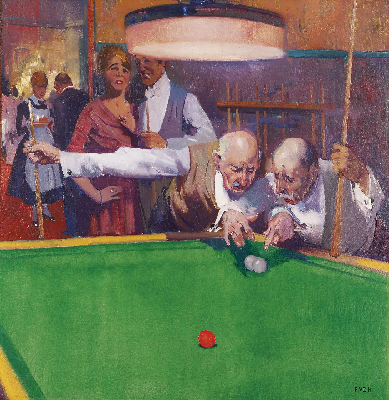 Hem P. van der | Pieter 'Piet' van der Hem, Discussing a game of billiards, oil on canvas 79.8 x 76.7 cm, signed l.r. and with initials and painted ca. 1919