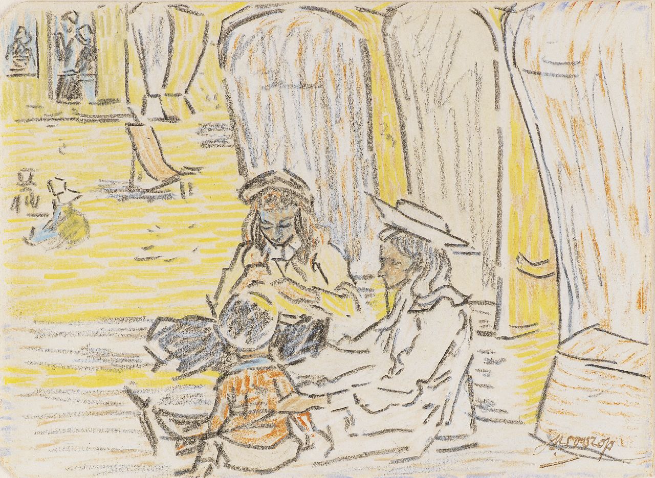 Toorop J.Th.  | Johannes Theodorus 'Jan' Toorop, Children playing on the beach, pencil and coloured chalk on paper 11.5 x 15.6 cm, signed l.r. and painted circa 1907