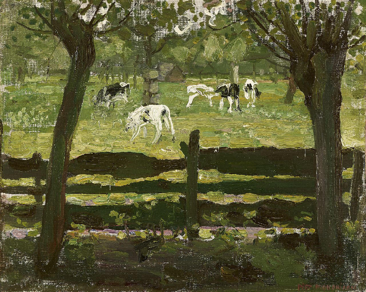 Mondriaan P.C.  | Pieter Cornelis 'Piet' Mondriaan, Calves in the meadow - 'het white bull-calf', oil on canvas laid down on board 31.0 x 39.1 cm, signed l.r. and painted ca. 1905