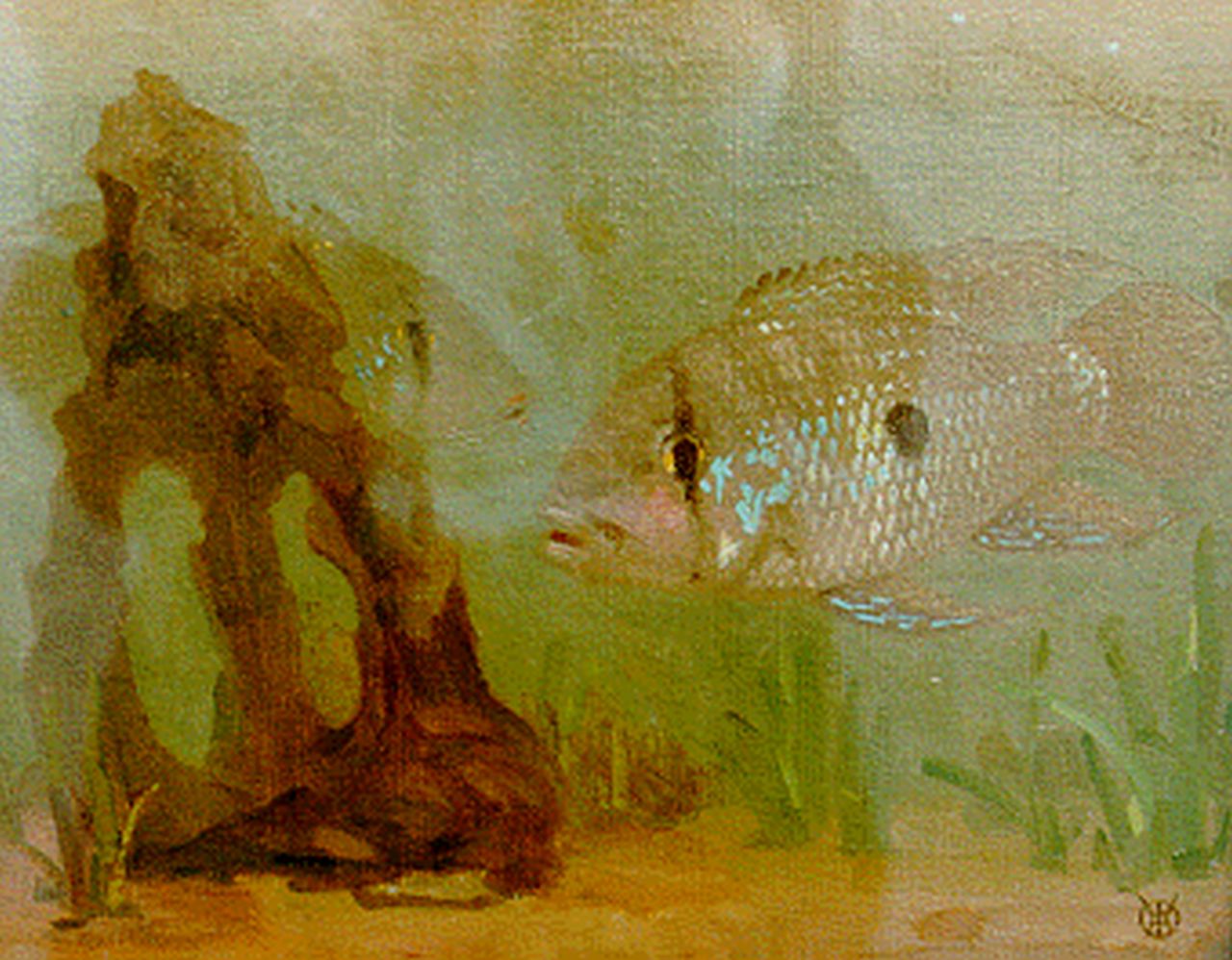 Dijsselhof G.W.  | Gerrit Willem Dijsselhof, A fish, oil on canvas 23.6 x 30.0 cm, signed l.r. with monogram