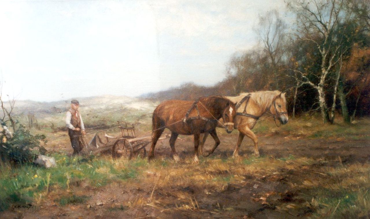 Holtrup J.  | Jan Holtrup, Ploughing the fields, oil on canvas 60.0 x 100.4 cm, signed l.l.