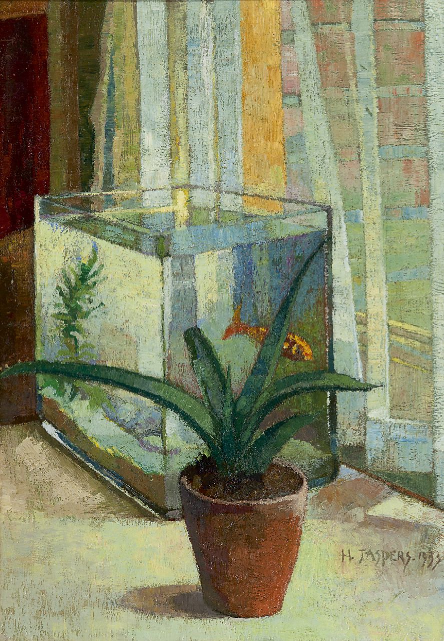 Jaspers H.T.  | Hendrik Theodorus 'Henk' Jaspers | Paintings offered for sale | Still life with an aquarium, oil on panel 46.5 x 33.0 cm, signed l.r. and dated 1933