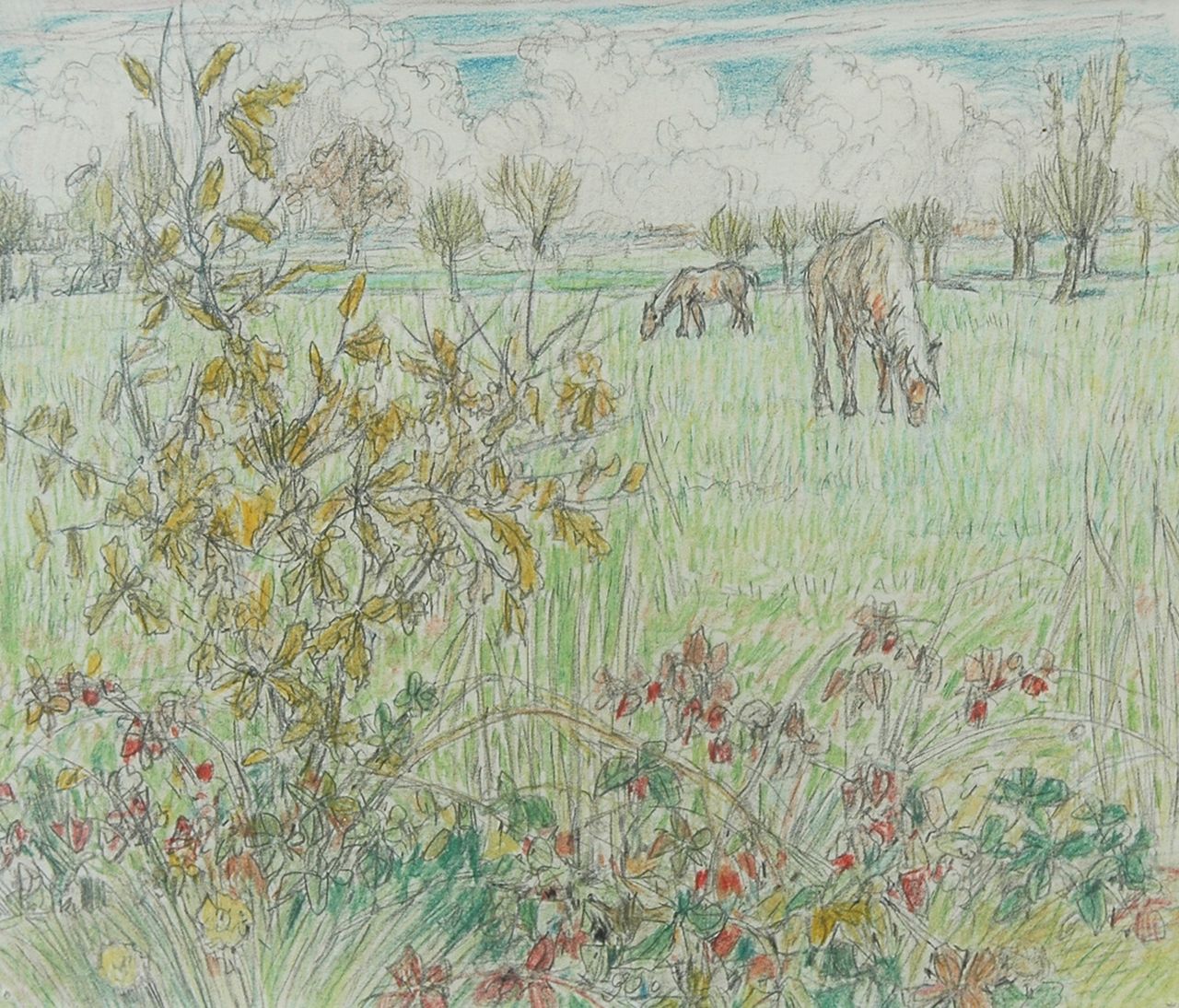 Kennedy R.W.  | Reinier Willem Kennedy, Horses and flowers in the meadow, coloured chalk on paper 15.8 x 18.0 cm, executed after 1928