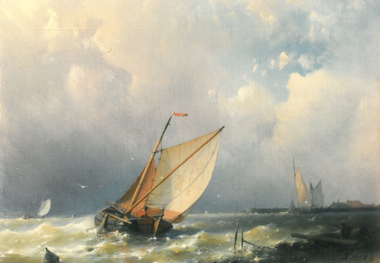 Hulk A.  | Abraham Hulk, A sailing vessel on a breezy day, oil on panel 17.2 x 23.5 cm, signed l.r.