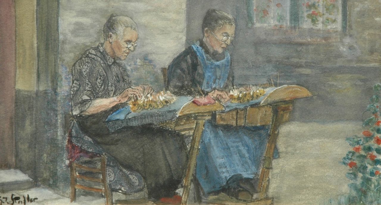 Staller G.J.  | Gerard Johan Staller, Making lace, pencil, chalk and watercolour on paper 12.1 x 22.1 cm, signed l.l.