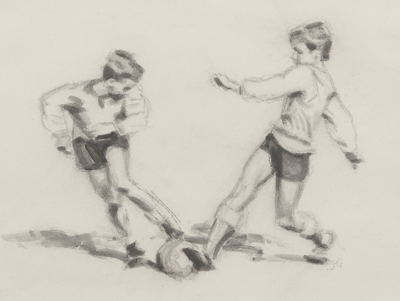 Kempers B.J.E.  | Bernardus Johannes Everhardus Kempers | Watercolours and drawings offered for sale | Football player 3, charcoal and ink on paper 38.0 x 48.0 cm, signed l.r. with monogram and jaren '50