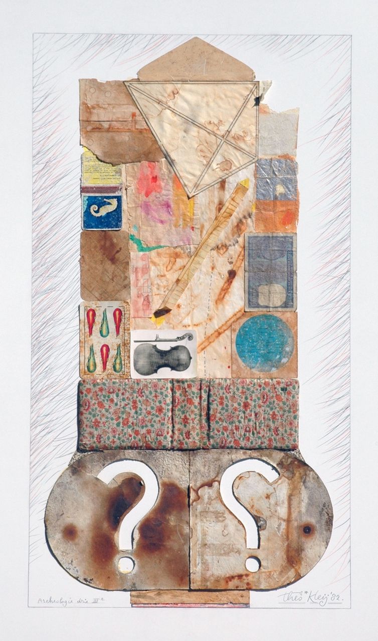 Kleij T.J.  | Theodorus Johannes 'Theo' Kleij, Archaeology, collage on formica 80.0 x 50.0 cm, signed l.r. and dated '82
