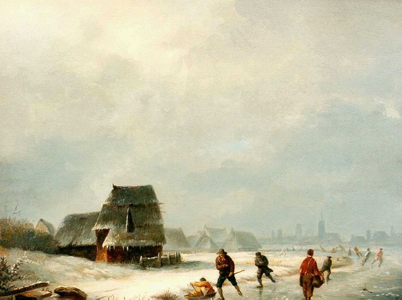 Pratere H. de | Henri de Pratere, Skaters on a frozen waterway, oil on panel 32.4 x 40.7 cm, signed l.l.