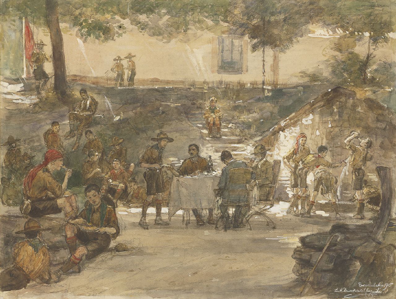 Bueno de Mesquita D.A.  | David Abraham Bueno de Mesquita | Watercolours and drawings offered for sale | Boy scouts at the Escorial, Spain, black chalk and watercolour on paper 47.5 x 63.0 cm, signed l.r. and dated 'Escorial' Aug 1915