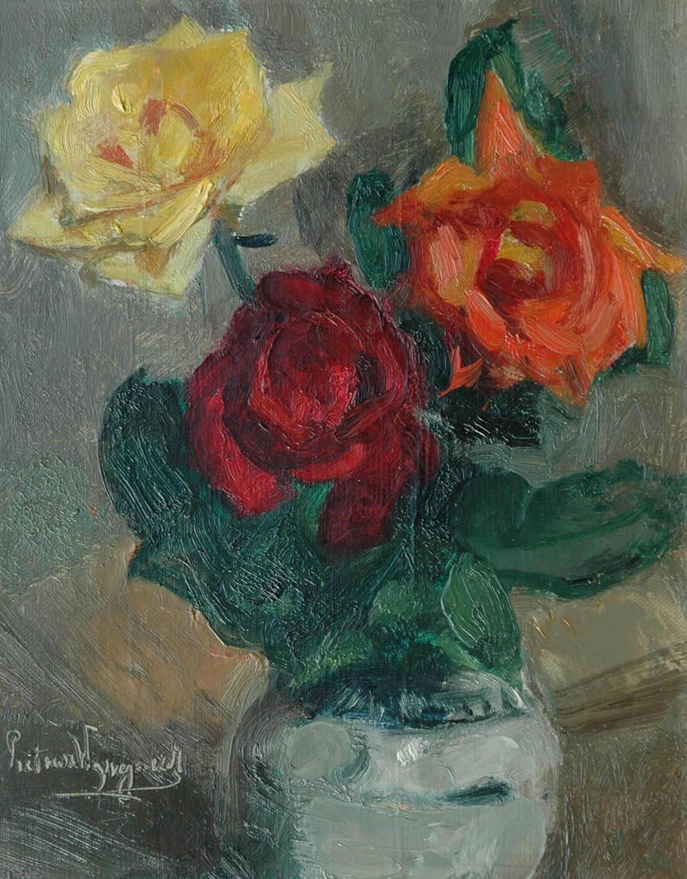 Wijngaerdt P.T. van | Petrus Theodorus 'Piet' van Wijngaerdt, Roses in a Cologne pot, oil on canvas 30.8 x 24.8 cm, signed l.l.